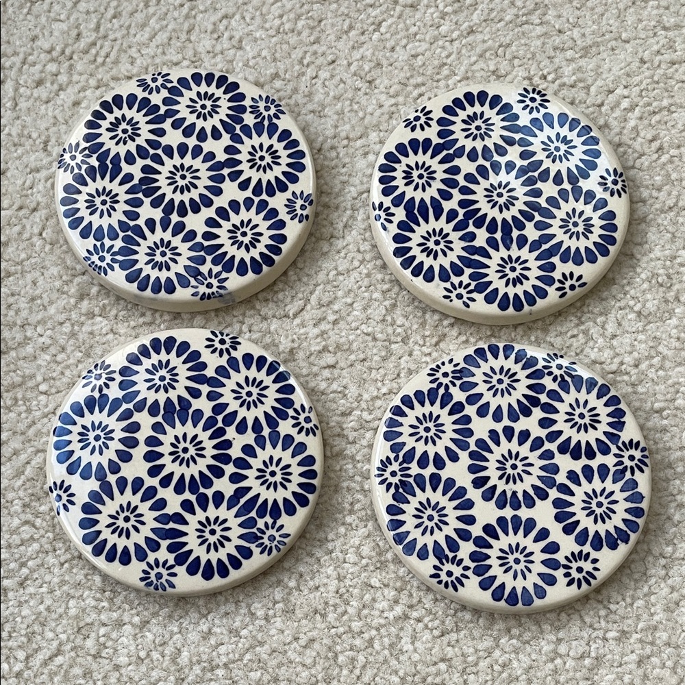 Handcrafted Blue and White Floral Coasters Set
